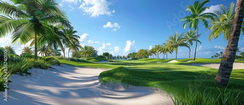 Tropical golf course with palm trees and sand 