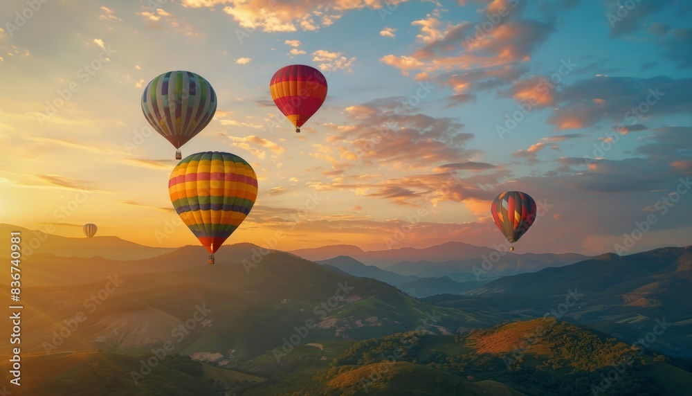 Obraz premium Sunrise Serenity: Spectacular Scene of Colorful Hot Air Balloons Soaring Over Mountain Peaks