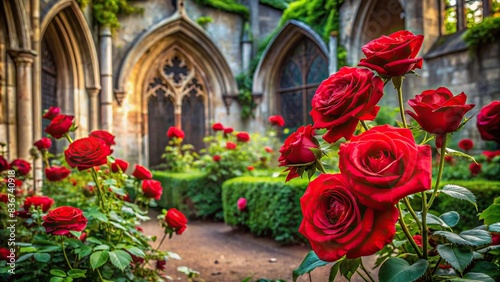 Beautiful red roses blooming in a gothic garden setting, gothic, garden, red roses, dark, dramatic, flowers, botanical, nature, romantic, vintage, gothic architecture, thorns, black
