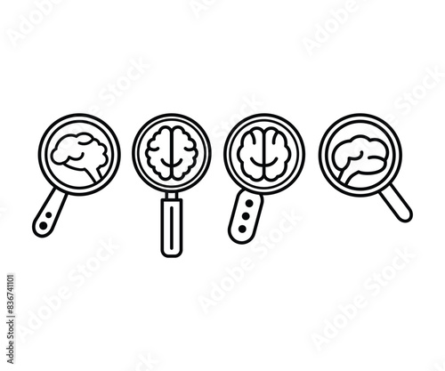 human brain scanning with magnifying glass icons vector design symbol sign black white flat illustration collections sets isolated