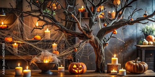 Dark and eerie Halloween decoration, with twisted branches and cobwebs, scary, tense, horror, decoration, design, spooky, creepy, eerie, haunted, gothic, atmospheric, frightening, macabre photo