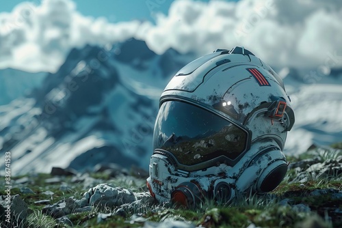 Scifi soldier helmet with a mountainous landscape in the background, Futuristic, Realistic, HighResolution