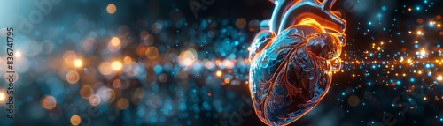 Futuristic digital illustration of a human heart with glowing connections, symbolizing medical technology and innovation.