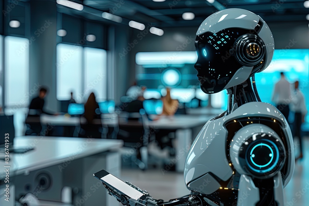 Humanoid robot in a busy corporate office, working on futuristic tablet, employees in the background Humanoid robot in a busy corporate office, working on futuristic tablet, employees in the background