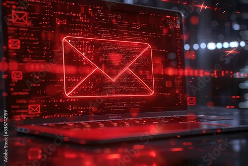 Glowing red email icon on a laptop screen with digital code, symbolizing cybersecurity threats, hacking, and digital safety concerns.