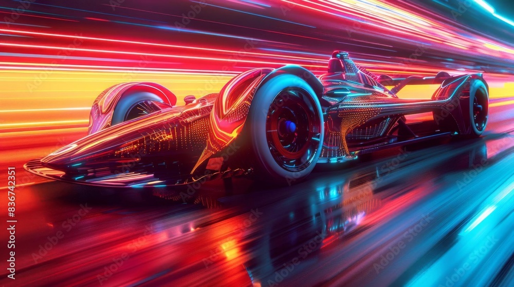 Futuristic racing car on a neonlit track, dynamic and fast, Cyberpunk, Bright Colors, Digital Art Futuristic racing car on a neonlit track, dynamic and fast, Cyberpunk, Bright Colors, Digital Art