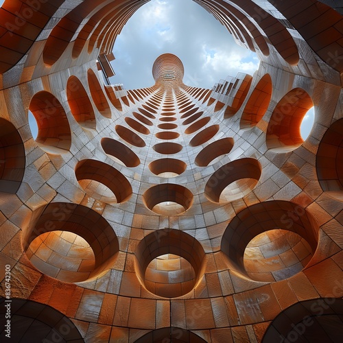 Spiraling Brick Tower Reaching into the Sky - Intricate Geometric Pattern Architectural Masterpiece