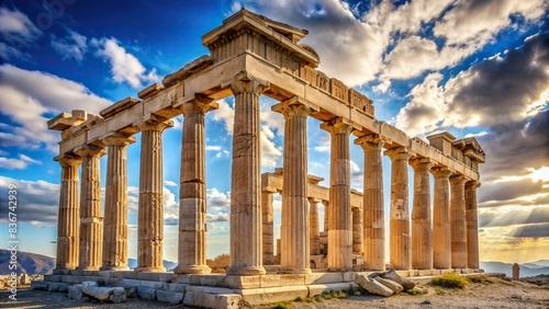 Ruined ancient pillars of the Acropolis in Athens, Greece, a popular tourist attraction, Greece, Acropolis, ruins, ancient, historical, pillars, Athens, Greek capital, tourist attraction