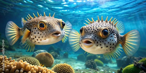 Two pufferfish swimming gracefully in an underwater scene , pufferfish, underwater, marine life, ocean, aquatic, animals, wildlife, colorful, tropical, sea creatures, sea life, nature photo