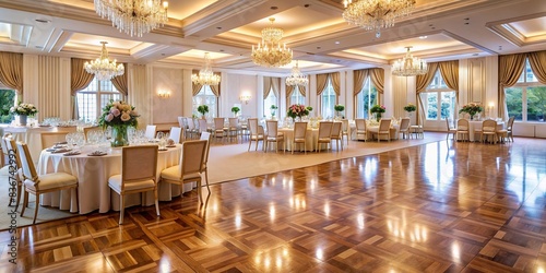 Image of elegant wedding reception hall with empty dance floor , gay, couple, newlywed, celebration, love, wedding, dancing, event, romance, decor, elegant, reception, hall, empty