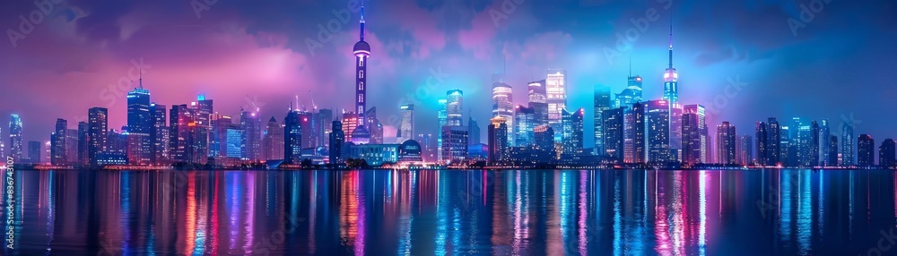Vibrant and colorful city skyline at dusk reflecting on water, showcasing illuminated skyscrapers and urban nightlife with neon lights. Vibrant and colorful city skyline at dusk reflecting on water, showcasing illuminated skyscrapers and urban nightlife with neon lights.