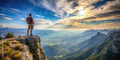 Man standing on mountain cliff overlooking vast landscape, adventure, solitude, nature, exploration, rugged, scenery, wilderness, heights, contemplation, majestic, breathtaking, achievement photo