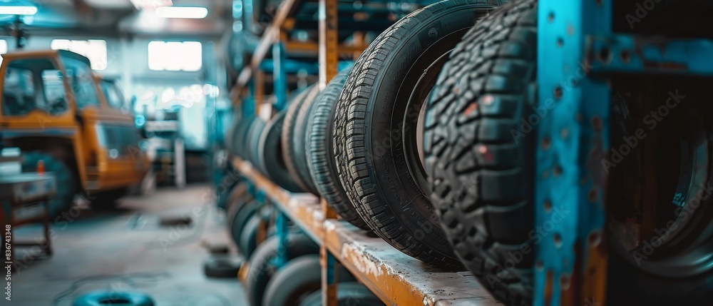 Tires stored on a rack in a workshop for vehicles Tires stored on a rack in a workshop for vehicles
