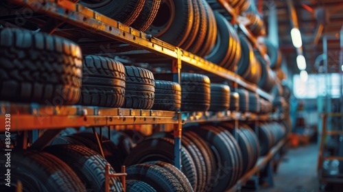 Tires stored on a rack in a workshop for vehicles 