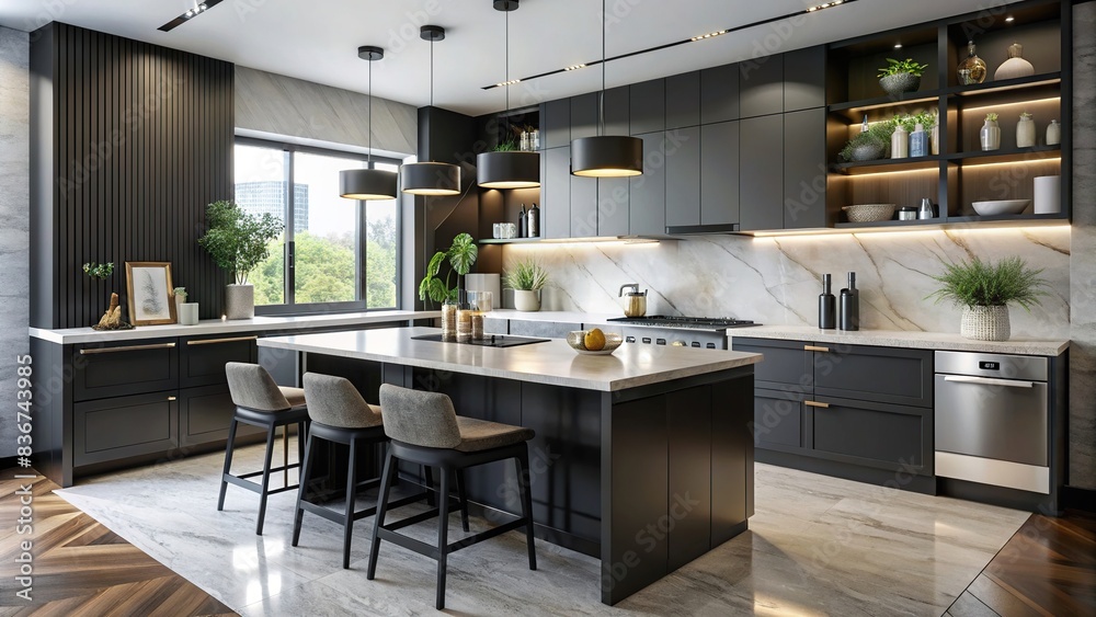 Modern kitchen with black furniture, White marble worktop and ...