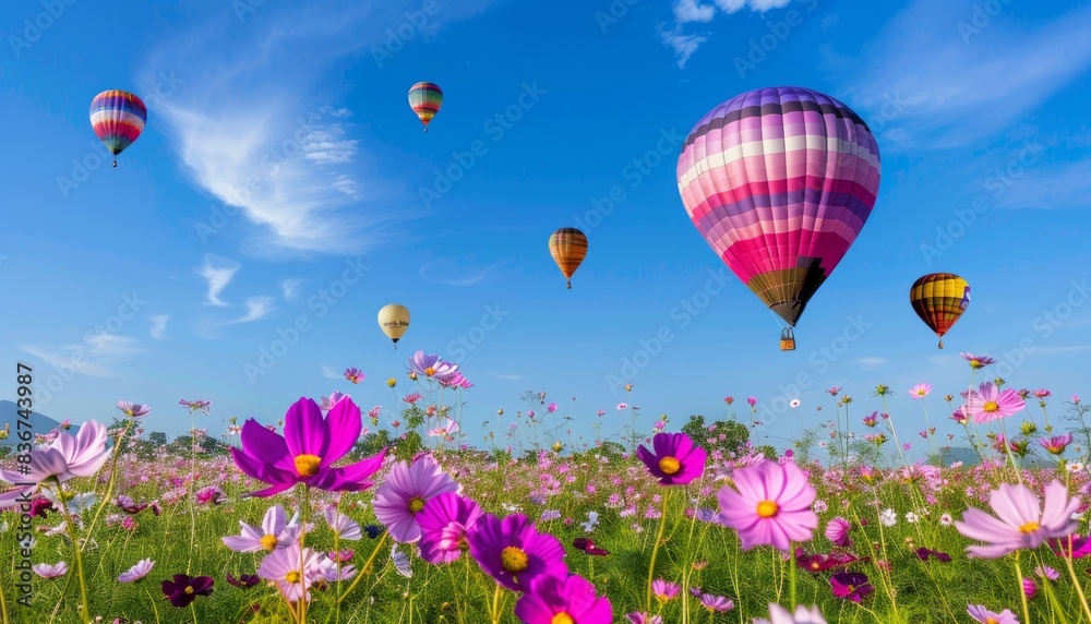 Obraz premium Spectacular Sight: Vibrant Hot Air Balloons Soar Above Cosmos Flower Field in Chiang Rai, Thailand