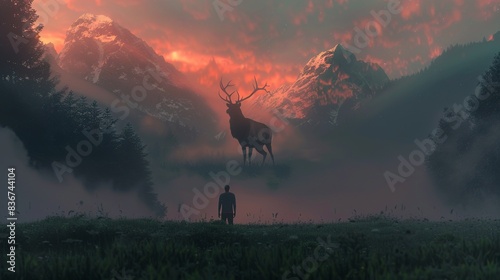 surreal 3d render of a giant deer, in the between of two mountain, deer is almost the size of the mountains, in the foreground a silhouette of a man in the middle of a green fields staring at the deer photo