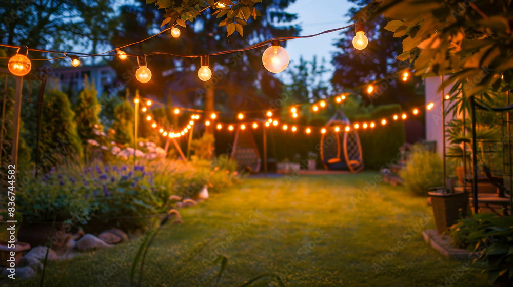 Fototapeta premium backyard of a house decorated with glowing garlands