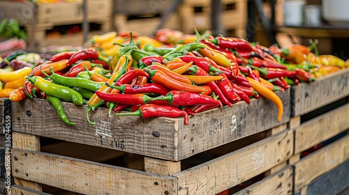 Stacked crates filled with ripe chili peppers, the vibrant colors contrasting with the raw wooden crates, ready for dispatch