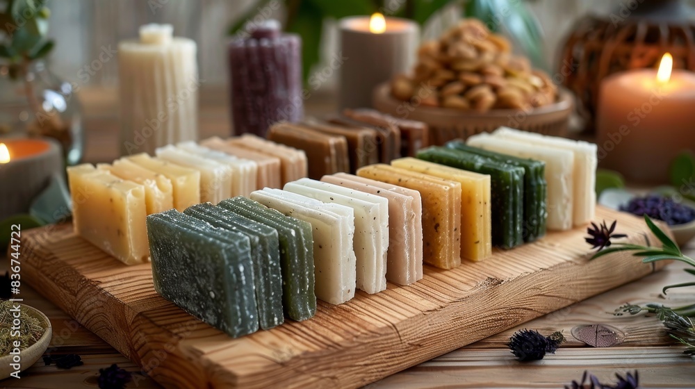 Several solid shampoo bars in various natural colors, arranged neatly on a wooden tray in a serene spa setting with soft ambient lighting Several solid shampoo bars in various natural colors, arranged neatly on a wooden tray in a serene spa setting with soft ambient lighting