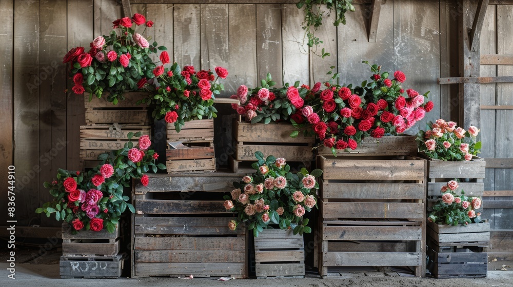 Fototapeta premium Rustic crates overflowing with roses, stacked and ready for dispatch in a raw, minimalist setting