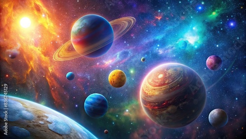 Colorful space scene with multiple planets and stars photo