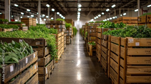 Rows of wooden crates filled with raw herbs, sealed and labeled, in a large, well-lit shipping facility