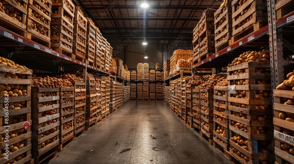 Rows of crates filled with potatoes, organized in a large storage facility, tagged and ready for distribution