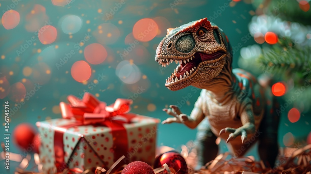 Realistic toy T-Rex dinosaur posing near a festive shredded paper gift box, soft focus background
