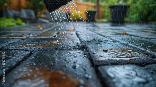 Raindrops hitting garden pavers as polymeric sand is brushed into joints, creating a wet texture