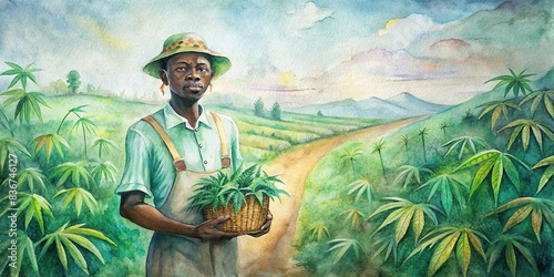 Portrait of Nigerian African agronomist standing by a hemp field, holding a basket with green marijuana leaves. Cannabis sativa plantation in background photo