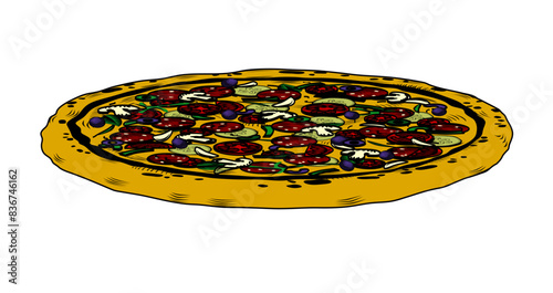 Large round pizza on a white background. Vintage engraving of stylized line drawing. Vector illustration