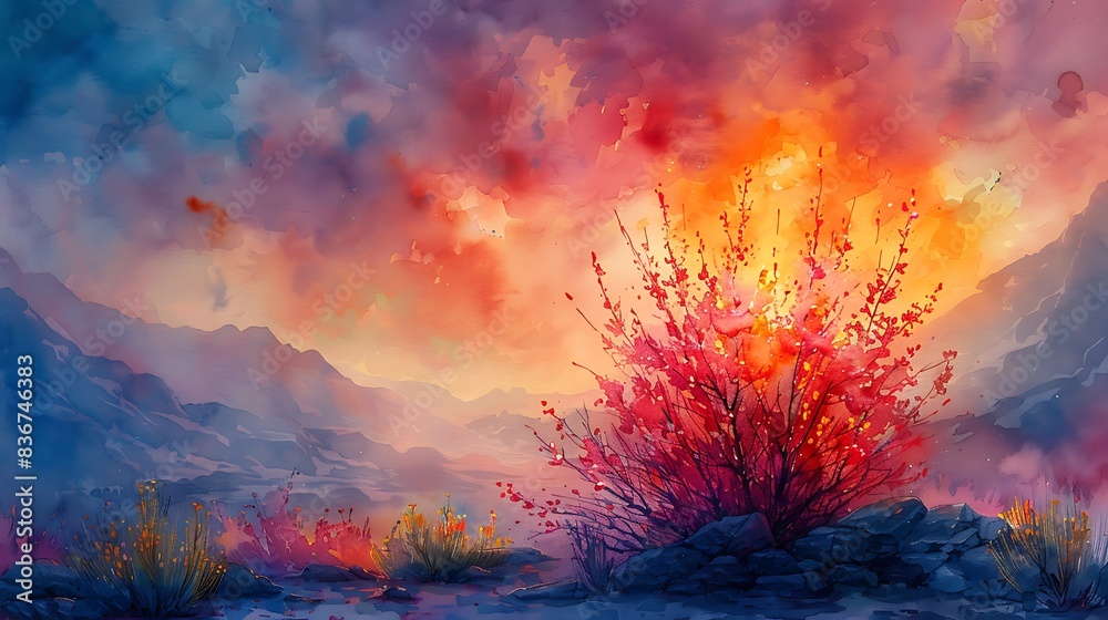 Fototapeta premium A vivid watercolor scene of a radiant bush engulfed in colorful flames amidst a barren rocky terrain.
