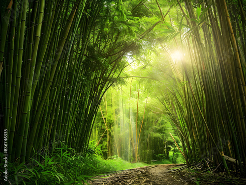 Lush bamboo forest illuminated by sunlight filtering through the dense canopy, creating a peaceful scene. © ron