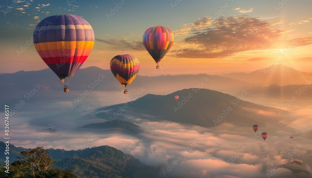 Fototapeta premium Sunrise Spectacle: Colorful Hot Air Balloons Dance Over Phucheefa Mountain in Chiang Rai, Thailand
