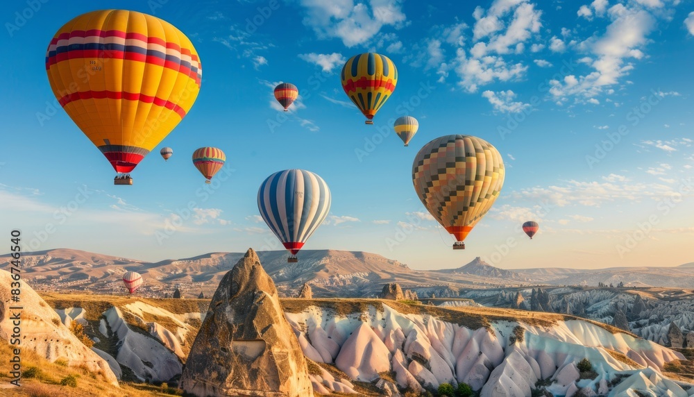 Fototapeta premium Magical Journey: Hot Air Balloons Soaring Above Red Valley in Cappadocia, Turkey