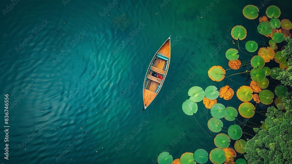 Top view of a boat on a clear lake with vibrant autumn foliage and lily pads Top view of a boat on a clear lake with vibrant autumn foliage and lily pads