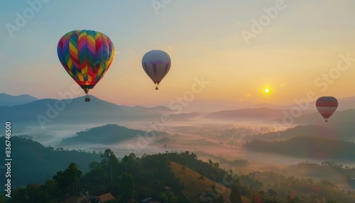 Vibrant Sunrise: Hot Air Balloons Soar over Phu Chee Fah Mountain in Chiang Rai, Thailand