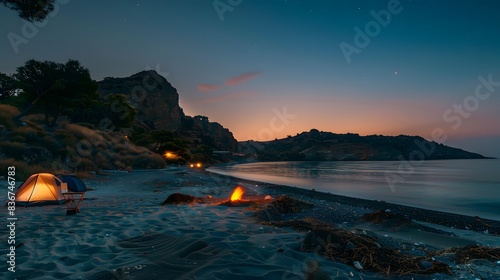 A picturesque camping site in nature with tents and campfire  On the beach  generated by AI