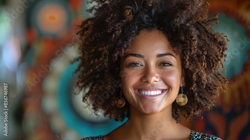 A woman with curly hair is smiling and wearing earrings © Jūlija
