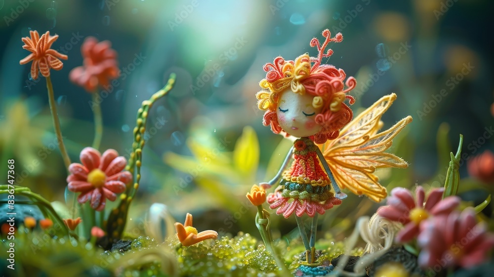 Plasticine fairy with delicate wings, adorned in a multicolored dress, and standing in a magical garden Plasticine fairy with delicate wings, adorned in a multicolored dress, and standing in a magical garden