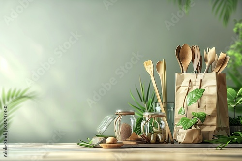 reusable bag Bamboo utensils, bamboo spoons, bamboo forks, bamboo ladles and glass bottles, with a clean background for inserting text. photo