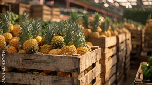 Pineapples packed in wooden crates, ready for shipment at a bustling tropical market
