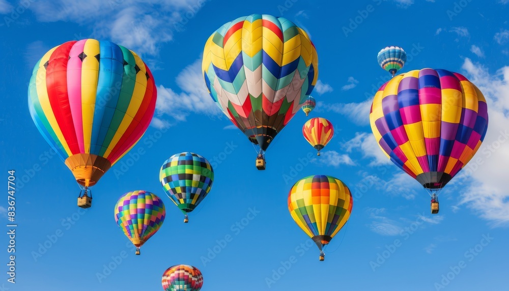 Dreamy Scene: Colorful Hot Air Balloons Soaring in a Blue Sky