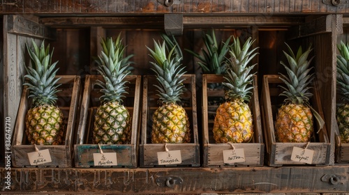 Pineapples neatly arranged in vintage wooden crates, with labels indicating their destination