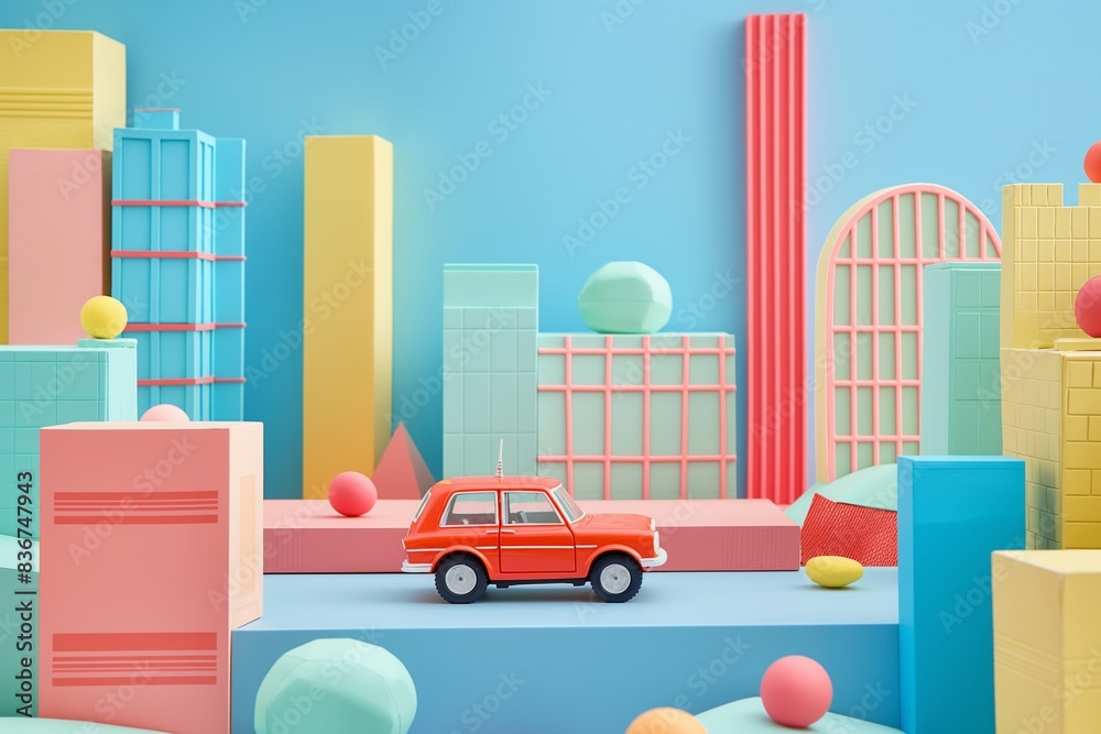 Obraz premium A vibrant and playful miniaturized cityscape with buildings and a red toy car on a road against a blue background.