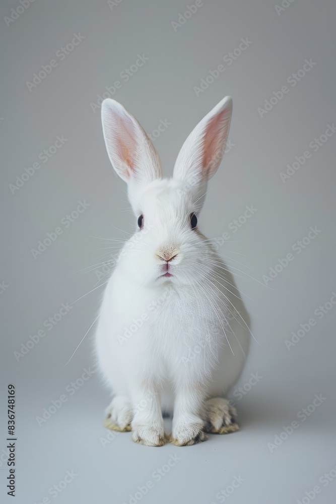 Obraz premium A cute fluffy white rabbit sitting calmly, facing the camera with attention and curiosity. 