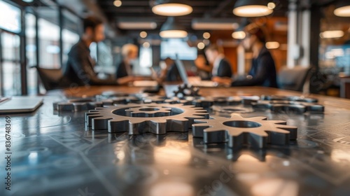  Teamwork in an office setting with gears symbolizing collaboration