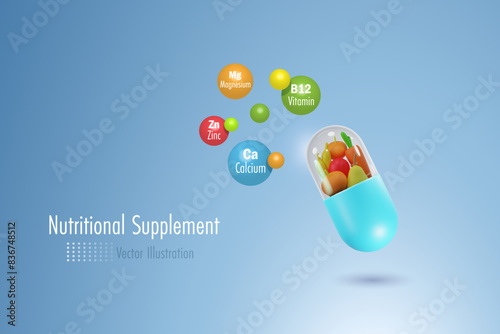 Nutritional supplement and vitamin supplements food capsule with zinc, calcium, magnesium and vitamin acid ingredients. Healthy eating concept. 3D vector.
