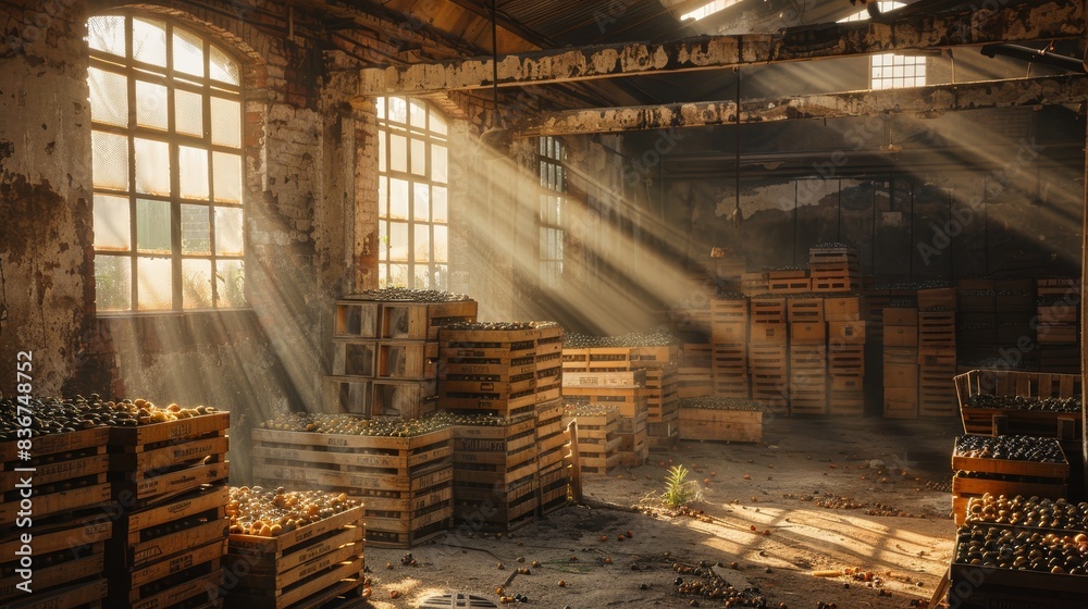 Packed crates of olives stacked high in a rustic warehouse, beams of sunlight filtering through dusty windows Packed crates of olives stacked high in a rustic warehouse, beams of sunlight filtering through dusty windows